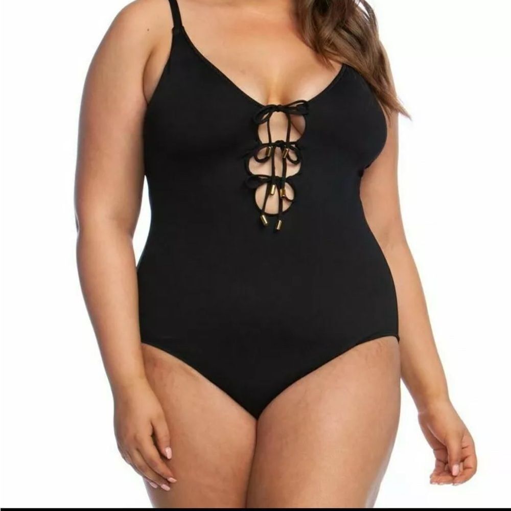 NWT La Blanca's Swim Black Island Goddess Plunge Lace Up One Piece- Size 22W